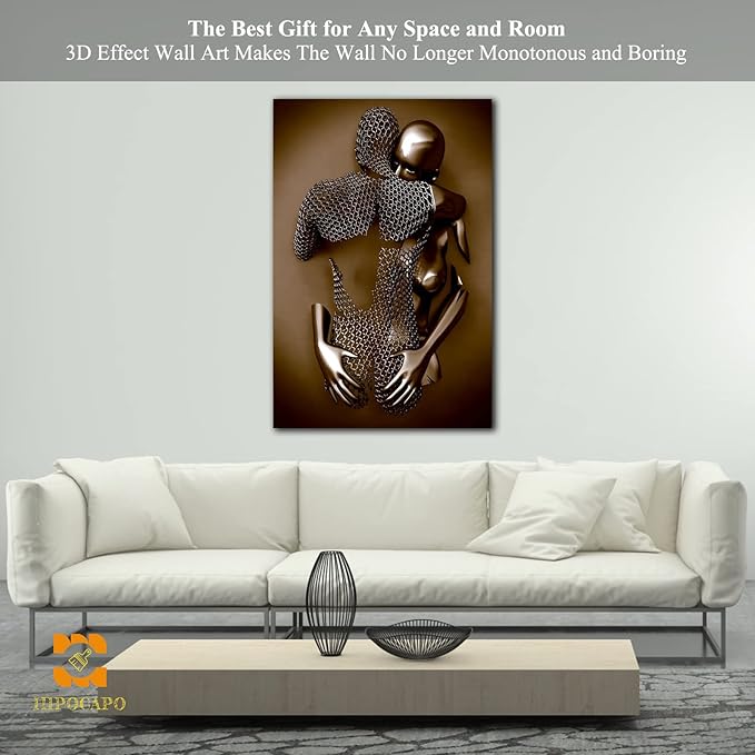 HIPOCAPO 3D Metal Effect Wall Art, 3D Metal Art Wall, Modern Abstract Hug Lovers Painting Picture Poster Prints for Bathroom, Romantic Couple Living Room Canvas Wall Art Framed, 1Panel-XL-(28x40 in)