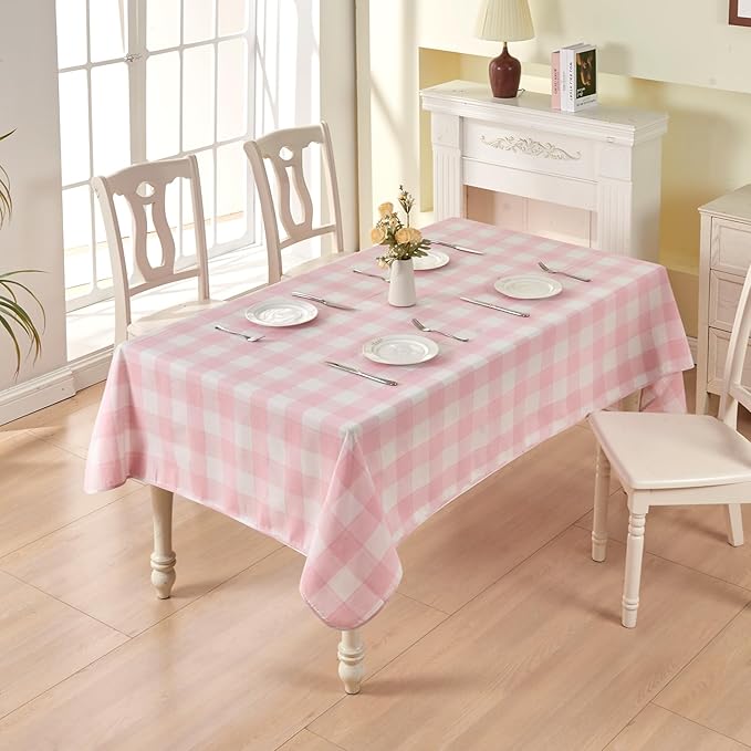 BALCONY & FALCON Gingham Table Cloth Rectangle – Reversible Water-Resistant Cotton Checkered Tablecloth for Outdoor Picnic, Camping, Kitchen, Holiday Party Decor (Pink White, 55x95 Inch)