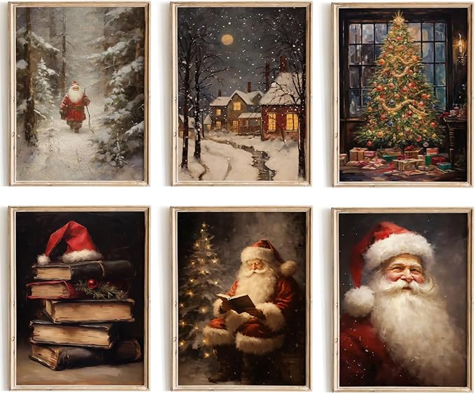 Kizbook Vintage Christmas Wall Art Prints, Santa Claus Christmas Holiday Art Prints Painting, Farmhouse Xmas Christmas Poster, Christmas Gallery Wall Art Winter Print, Vintage Christmas Decor for Holiday, Set of 6 (8"x10"-Unframed)