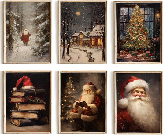 Kizbook Vintage Christmas Wall Art Prints, Santa Claus Christmas Holiday Art Prints Painting, Farmhouse Xmas Christmas Poster, Christmas Gallery Wall Art Winter Print, Vintage Christmas Decor for Holiday, Set of 6 (8"x10"-Unframed)