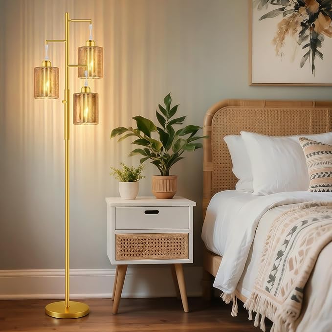 Hotsonic 72" Tall Boho Floor Lamp, Dimmable Standing Lamp with Handcrafted Rattan Brown Shade, Industrial Tree Floor Lamps for Living Room, Bedroom, Study Room, Office(3x800LM LED Bulbs Included)-Gold