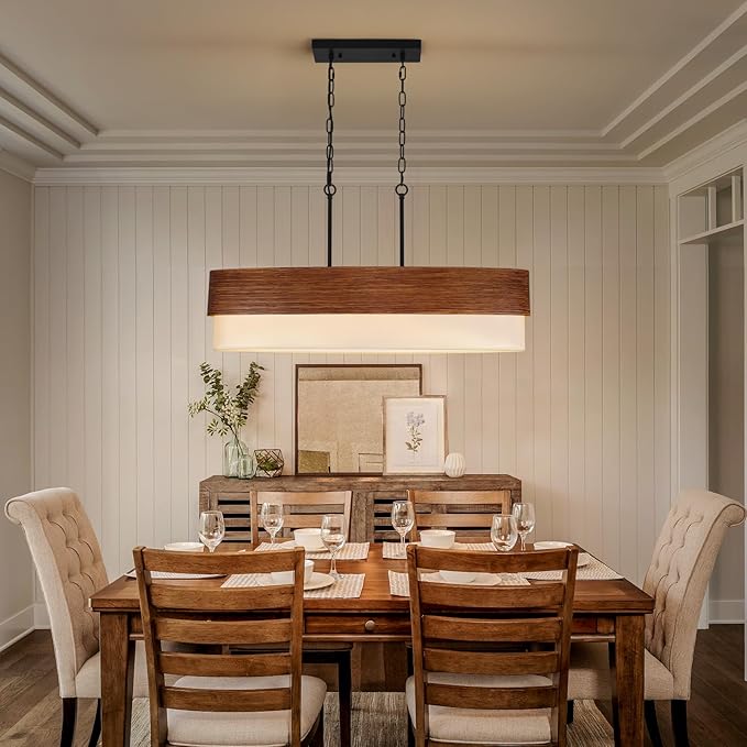 33.5'' Dining Room Chandelier Over Table, 4-Light Farmhouse Kitchen Island Lighting, 2-Tier Large Linear Chandelier with Faux Wood Texture and White Fabric for Dining Room Kitchen Island