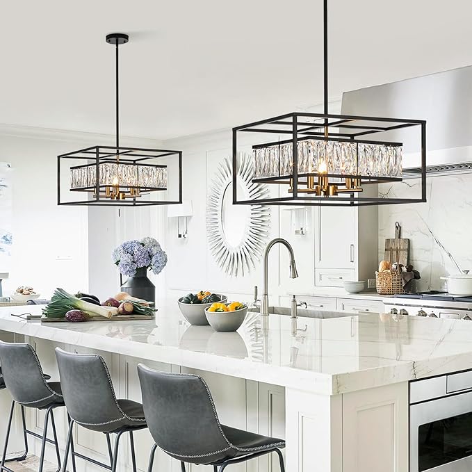 Vezzio Black Crystal Foyer Entryway Chandelier Modern Farmhouse Square 5-Light Chandelier Light Fixture for Dining Room Kitchen Island Entrance Staircases Hallway