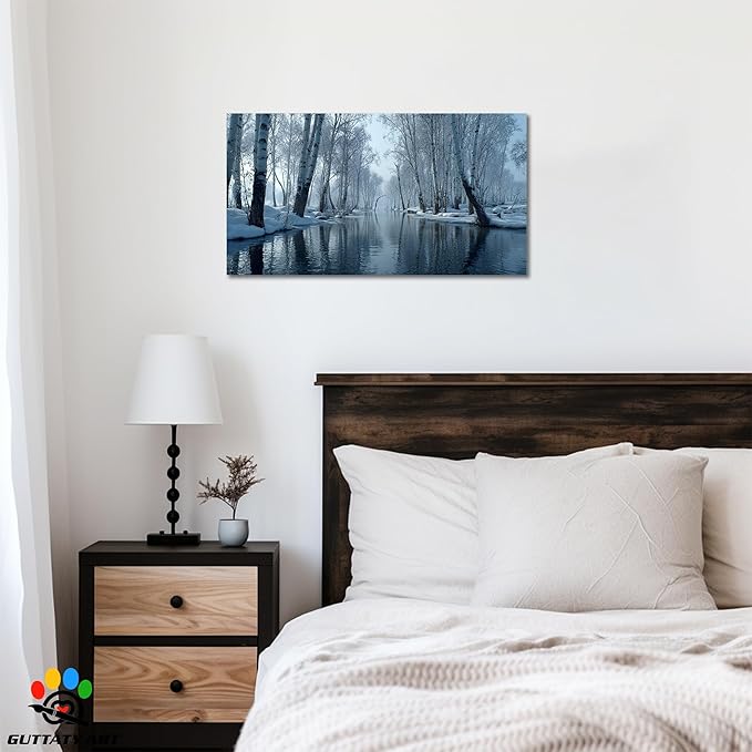 GUTTATY Christmas Winter Scene Canvas Wall Art, Snow Forest Canvas Prints, Tranquil Birch Tree Pictures, Serene Blue Wall Decor for Living Room, Bedroom, Holiday Decoration, 16x8 Inch