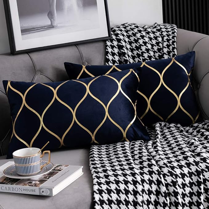 Gold Velvet Throw Pillow Covers Navy: 2 Pack 12x20 Inch Rectangular Decorative Pillow Cases for Bedroom Sofa Couch Living Room