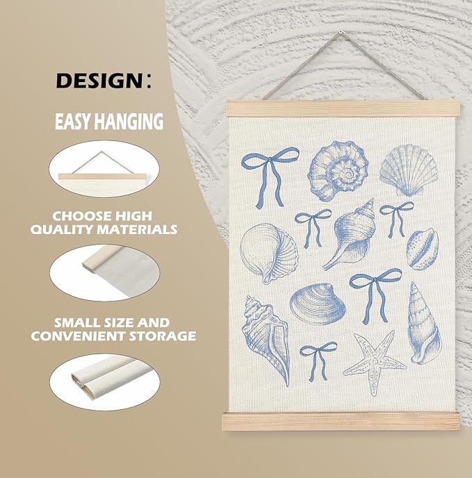 ignytiger Coastal Beach Seashell Wall Art Poster Framed, Ocean Beachy Room Decor Aesthetic, Blue Coquette Bow Seashell Canvas Wall Art Prints for Girly Home Bedroom Decor, 12x16 Inches