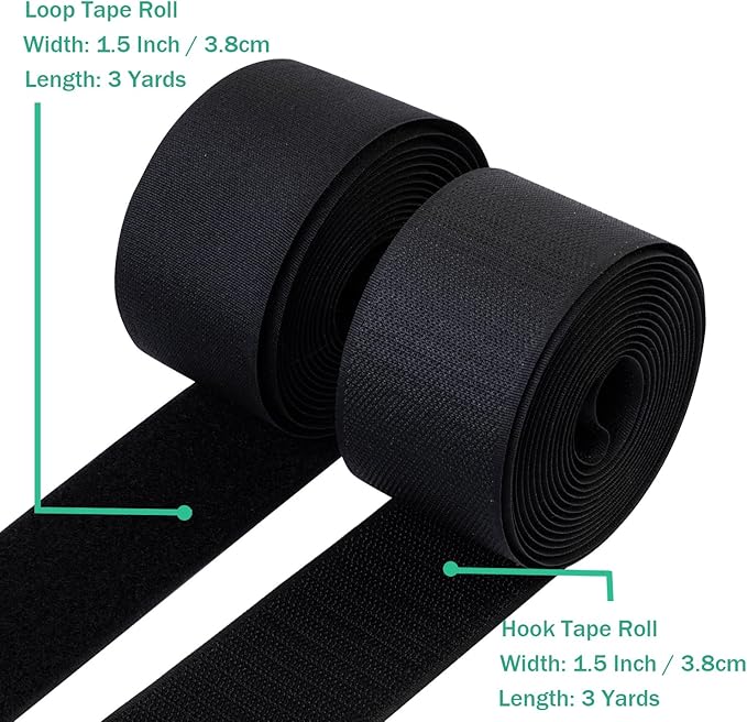 1-1/2 Inch Sew on Hook and Loop Strips | Easy to Sew | Excellent Grip | Non-Adhesive Back Nylon Fabric Fastener Strips for Clothing Sewing Crafts and DIY Projects, Black, 1-1/2in x 3yd