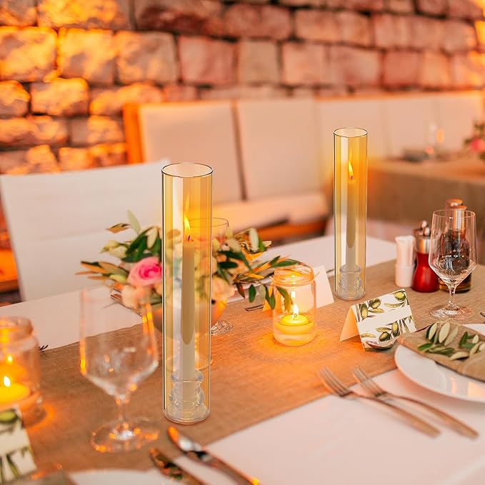 12 Set Christmas Glass Hurricane Candle Holders 12.6" Open Ended Glass Candleholder Tube Shape Bottomless and 2.2" Taper Clear Candlestick Holders for Wedding Party Table Centerpiece (Amber)