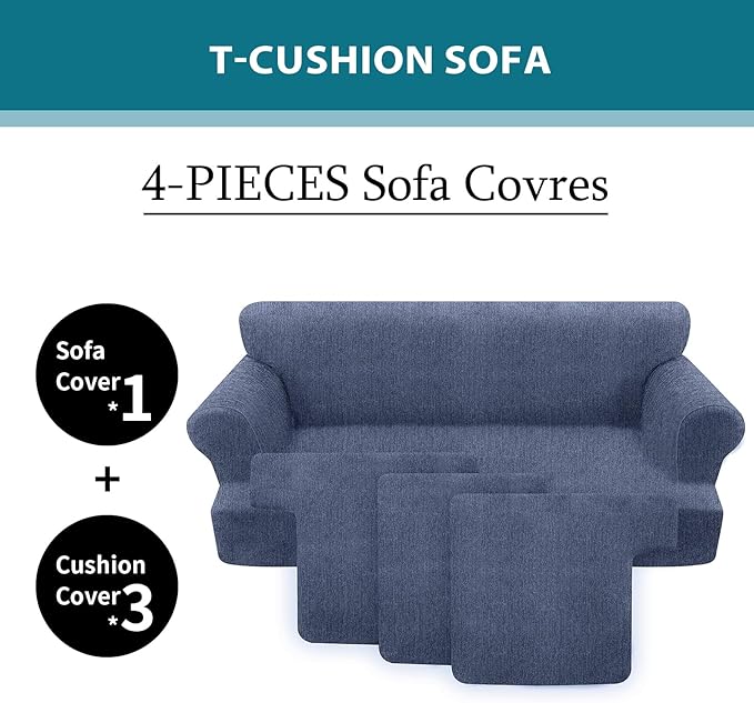 T Cushion Sofa Slipcover 4 Pieces Sofa Covers for T Cushion Couch Soft Sofa Slip Covers Furniture Protector with 3 Individual T Shape Seat Covers (Blue Gray, 3 Cushions)