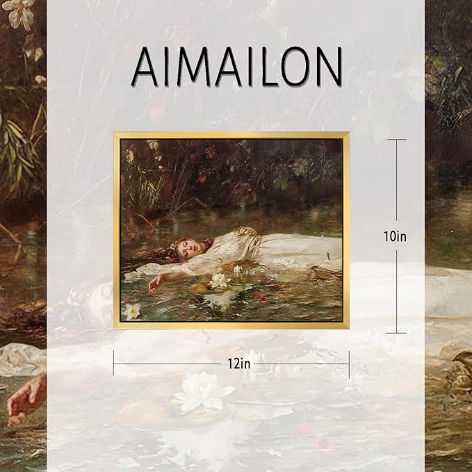 AIMAILON Vintage Gold Canvas Wall Art Framed Decor for Study Room Bedroom Classical Relaxing Young Lady Picture Victorian Summer Pond Lotus Background Artwork Desktop Home Decoration 10x12