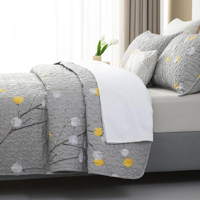DURLENGEN Floral Quilt Set California King Size 3Pcs, Grey Branch with Yellow Turquoise Polka Dot Pattern All Season Lightweight Coverlet Sets(Cal King 112x104, Botanical Teal)
