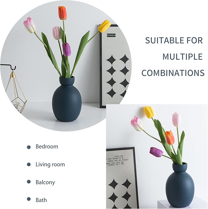 Blue Ceramic Vase, Small Modern Decorative Terracotta Flower Vases for Table, Living Room, Shelf, Bookshelf and Entryway Decor