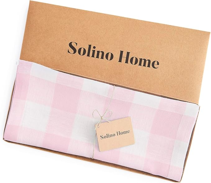 Solino Home Linen Checkered Tablecloth 52 x 52 Inch - 100% Pure Linen Marshmellow Pink Buffalo Plaid Square Tablecloth - Machine Washable Table Throw