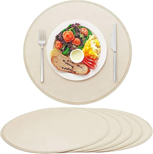 Round Vinyl Beige Placemats Set of 6, Faux Leather Waterproof Wipeable Heat Resistant Place Mats, Washable Table Mats for Halloween, Thanksgiving & Christmas Dinner (Beige)