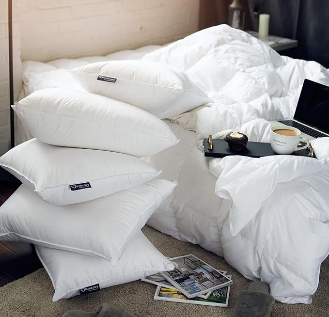 Lincove Down and Feather Luxury Hotel Collection Bed Pillows for Sleeping Made in The USA - 100% Cotton Shell, 600 Thread Count - Soft Hypoallergenic (Standard Size, Pack of 2)