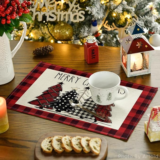 Artoid Mode Red and Black Buffalo Plaid Christmas Trees Placemats Set of 12, 12x18 Inch Winter Table Mats for Outdoor Home Party Kitchen Dining Decor