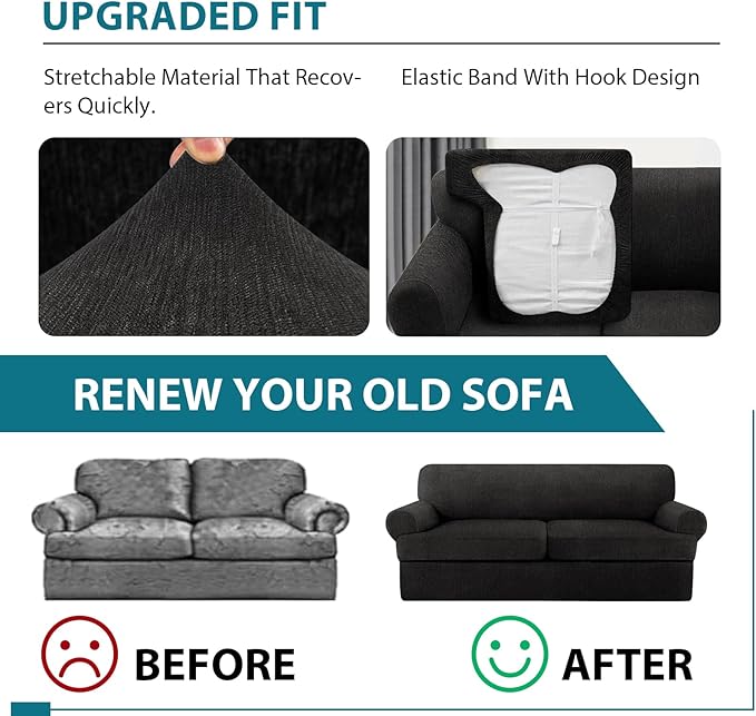 JconesT Cushion Sofa Slipcover 3 Pieces Sofa Covers for T Cushion Couch Soft Couch Covers Sofa Slip Cover Furniture Covers with 2 Individual T Shape Seat Covers (Black, 2 Cushions)