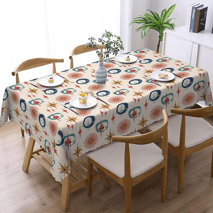 Mid Century Modern Table Cloth for Dining Tables,Reusable Retro Abstract Style Colorful Atomic Star Tablecloths Decor Boho Rectangle Table Cover for Kitchen,Party,Holiday,54x72Inch
