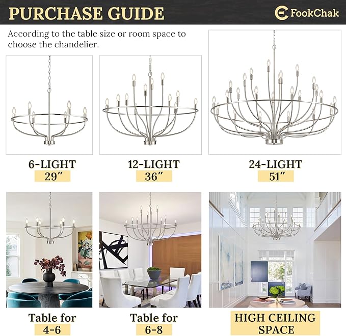 Brushed Nickel Chandelier, 6-Light Dining Room Chandelier Chrome Light Fixture Metal Candle Kitchen Chandeliers 28inch Round Chandeliers with Long Chain for Bedroom Living Room