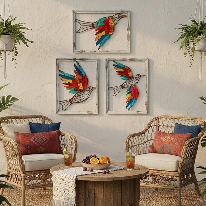 Newinhome Boho Metal Wall Art Birds,Wall Decor Colorful Bird 3 Pieces, Rustic Bird Wall Art,Farmhouse Home Wall Decor for Living Room Bedroom Bathroom house warming gift