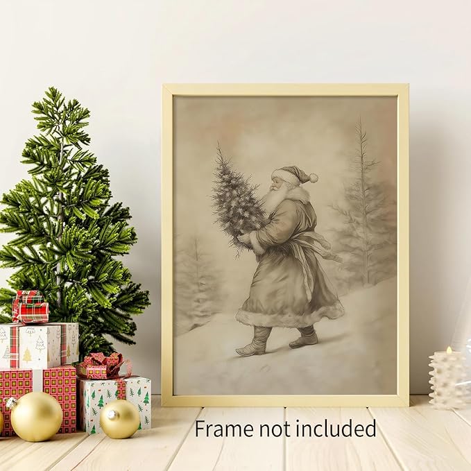 Santa Claus Sketch Poster Vintage Christmas Tree Wall Art Antique Winter Landscape Canvas Pictures Cozy Holiday Wall Decor 12x16 inch Unframed