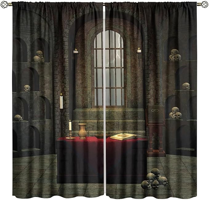 Gothic Mid Century Blackout Curtains, Horror Theme Skulls Shelves Candles Print Pattern Window Drapes, for Living Room Bedroom 31.5(W)*63(L) 2 Panels
