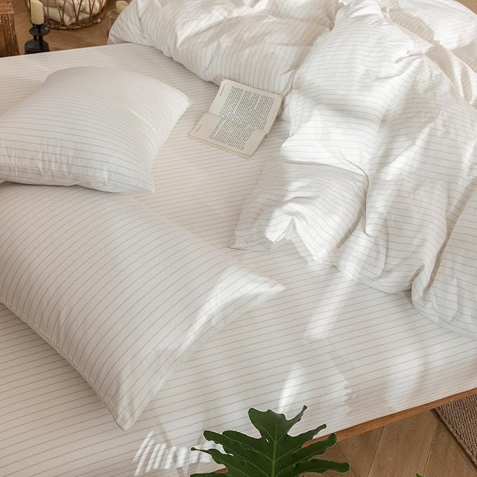 MooMee Striped Duvet Cover Set 100% Washed Cotton Linen Like Textured Breathable Durable Soft Comfy (White Almond Milk Grey Wide Stripes, Super King Plus 120"x120")