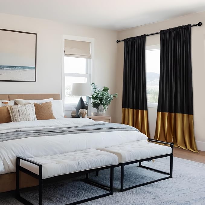 Velvet Curtains 96 inches Long for Living Room Blak Gold,2 Panels Blackout Curtains Modern Color Block Back Tab Rod Pocket Soundproof Drapes for Bedroom Window Decor