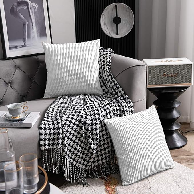 White Striped Couch Pillow Cases: 2 Pack 18x18 Inch Original Velvet Square Throw Pillow Covers for Farmhouse Home Decor