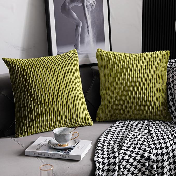 22x22 Moss Green Throw Pillow Cases: 2 Pack Original Striped Velvet Square Decorative Pillow Covers for Farmhouse Couch