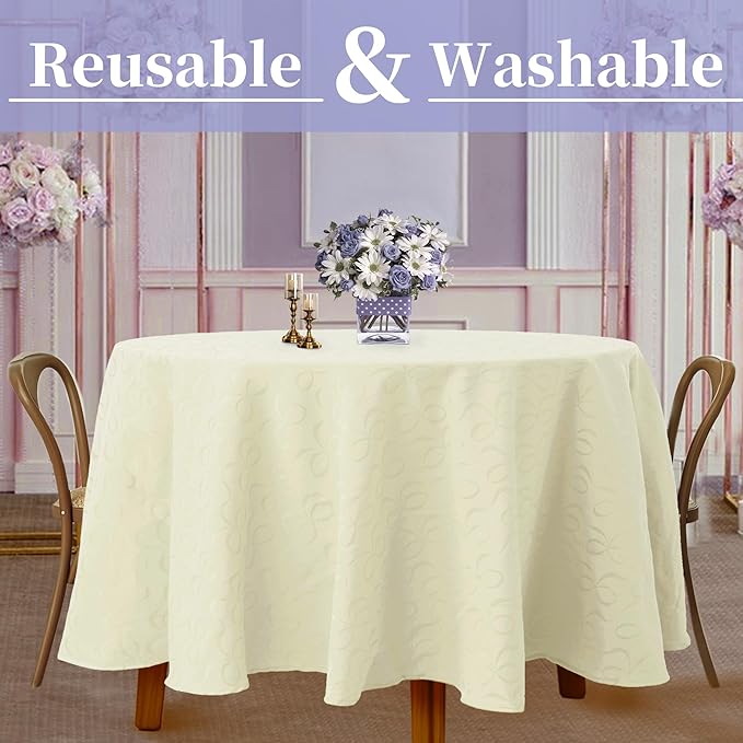 Round Tablecloth 70 Inch (4-6 Seat) - Cotton Polyester Blend, Wrinkle/Fade Resistant, Reusable - Luxury Jacquard Table Cloth - 1PC Circle Table Cover for Dining, Wedding & Birthday Party, Cream Bows