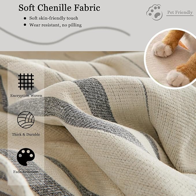 DREAMINGO Couch Cover Reversible Chenille Furniture Protector Sofa Covers for Dogs Pets Beige Grey Couch Cover for 3 Cushion Couch Sofa Vertical Stripe Jacquard Sofa Slipcover Sectional, 71"x150"
