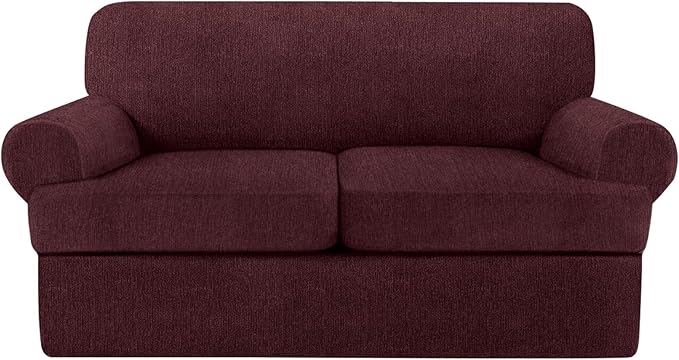 T Cushion Loveseat Slipcover 3 Pieces Sofa Covers for T Cushion Sofa Stretch Slip Covers for 2 Cushion Couch with 2 Individual T Shape Seat Covers (Burgundy, 2 Cushion)