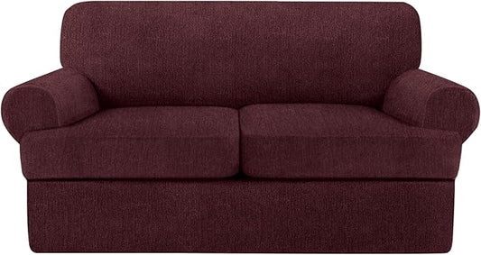 T Cushion Loveseat Slipcover 3 Pieces Sofa Covers for T Cushion Sofa Stretch Slip Covers for 2 Cushion Couch with 2 Individual T Shape Seat Covers (Burgundy, 2 Cushion)