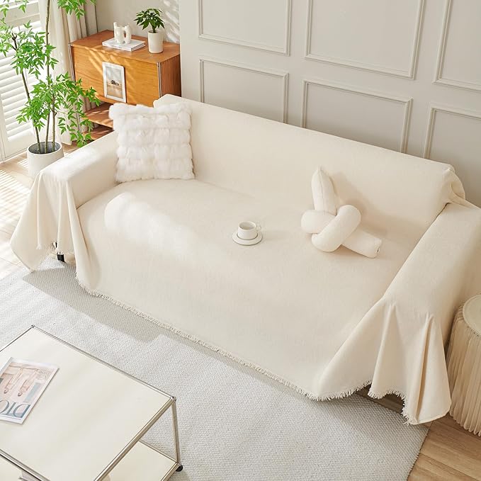 DREAMINGO Sofa Covers Washable Thick Chenille Couch Cover for 2 Cushion Couch Sofa Multi-Use Couch Cover Blanket Modern Pet Furniture Protector Sectional Couch Slipcover 91"x118", Beige White