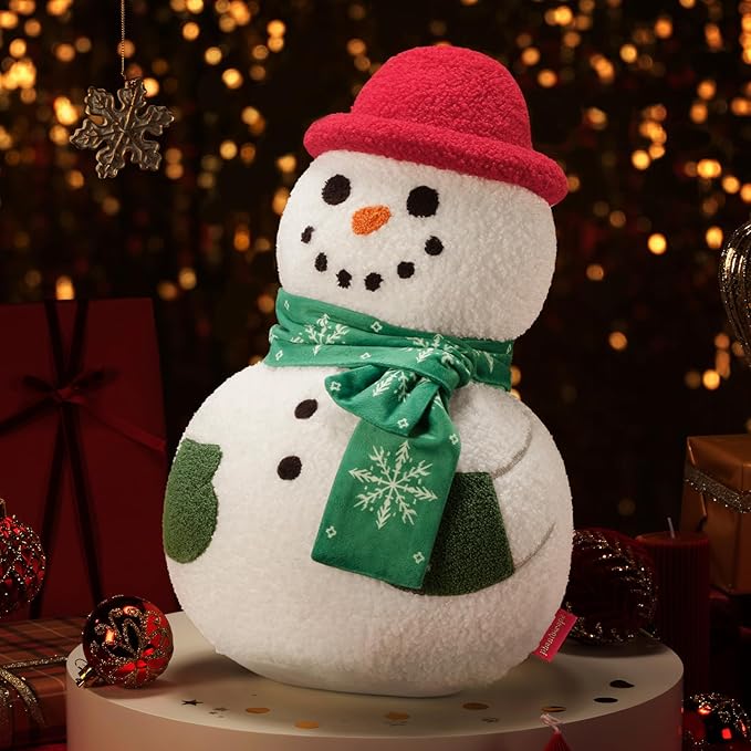 Phantoscope Merry Christmas Shaped Throw Pillow, Plush Teddy Sherpa Snowman Pillow with Scarf & Hat, Xmas Snowman Decorative Pillow for Couch Living Room Bed, Green, 16.5 x 10.5 inches