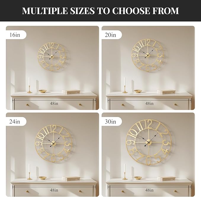 Gold Wall Clock 16 Inch, Decorative Wall Clocks Battery-Operated, Modern Metal Round Clock Silent Non Ticking Arabic Numerals for Living Room Kitchen Mantel Bedroom Office, Gold Wall Decor
