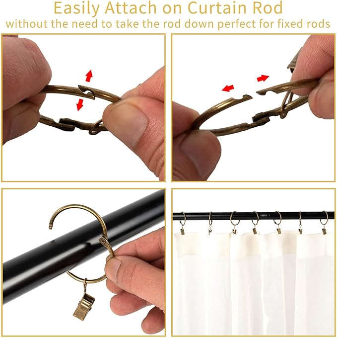 Openable Curtain Rings with Clips,3inch Inner Diameter,Heavy Duty Rustproof Metal Decorative Vintage Drapery Rings Curtain Clips Rod Hangers Door Curtain and Shower Curtain Rings Bronze Zocang