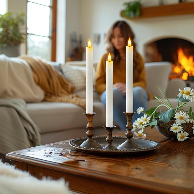 Homemory Rechargeable Flameless Taper Candles, Real Waxy LED Candlesticks Flickering, Battery Operated Candles with Remote Timer, 9.6 Inches for Home Wedding Christmas Decor, 6 Pcs, White