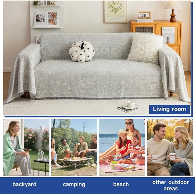 ROOMLIFE Gray Couch Cover Boho Sofa Covers for 3 Cushion Couch Washable, Furniture Protector Sofa Couch Cover for Dogs, Soft Breathable Sofa Slipcover, Couch Throw Blankets with Tassels 71''X150''