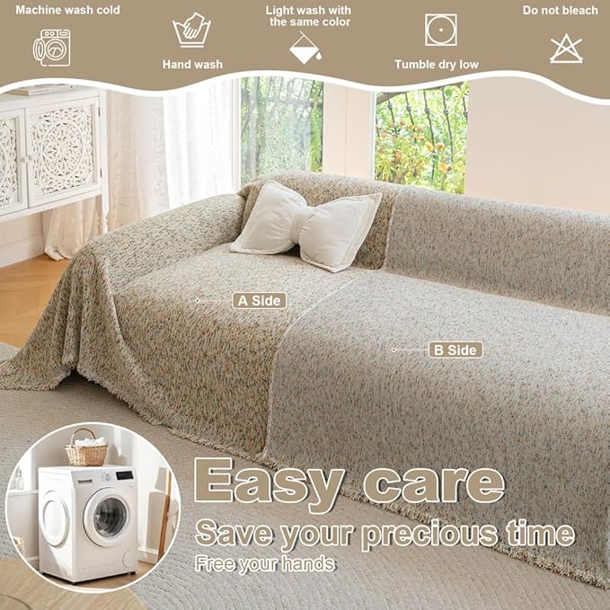 ROOMLIFE Boho Beige Couch Cover for Dogs, Washable Non Slip Furniture Protector Couch Sofa Covers for 3 Cushion Couch, Soft Chenille Couch Cover Throw Blanket with Tassels 71''X150''