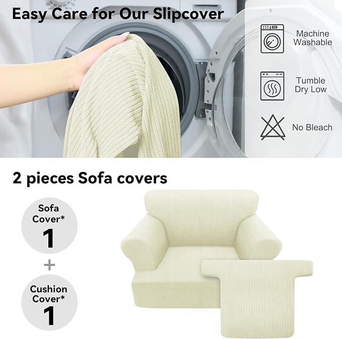 Waterproof Chair Cover with Arms 2-Piece Set Striped Slipcover for 1 Separate T Cushion Couch - TPU Fabric Armchair Covers Leakproof Couch Protector for Kids, Pets(Chair, Ivory)