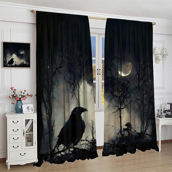 Gothic Halloween Crow Blackout Window Curtains, Black Birds Crow Crow Black Dark Decor Window Drapes, for Home Bedroom Living Room 36(W)*63(L) 2 Panels