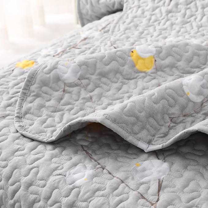 DURLENGEN Floral Quilt Set California King Size 3Pcs, Grey Branch with Yellow Turquoise Polka Dot Pattern All Season Lightweight Coverlet Sets(Cal King 112x104, Botanical Teal)