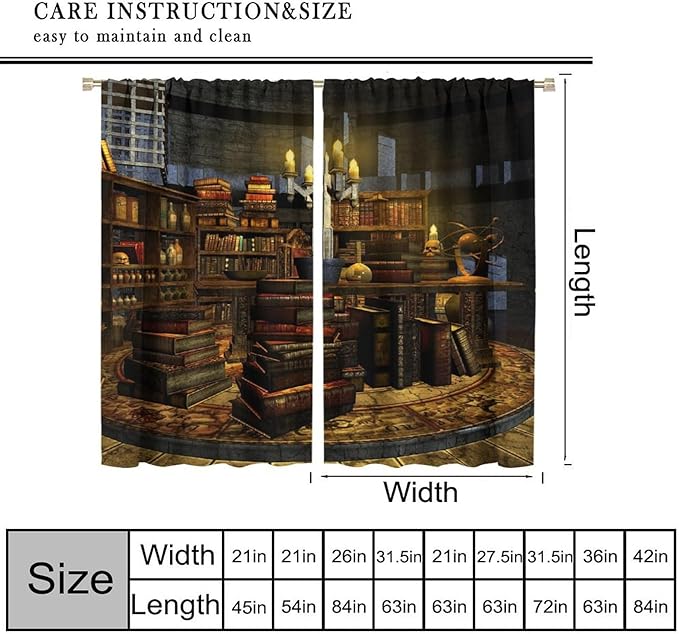 Gothic Mid Century Blackout Curtains, Library Medieval Vintage Wooden Bookshelves Candles Skull Window Drapes, for Living Room Bedroom 42(W)*84(L) 2 Panels