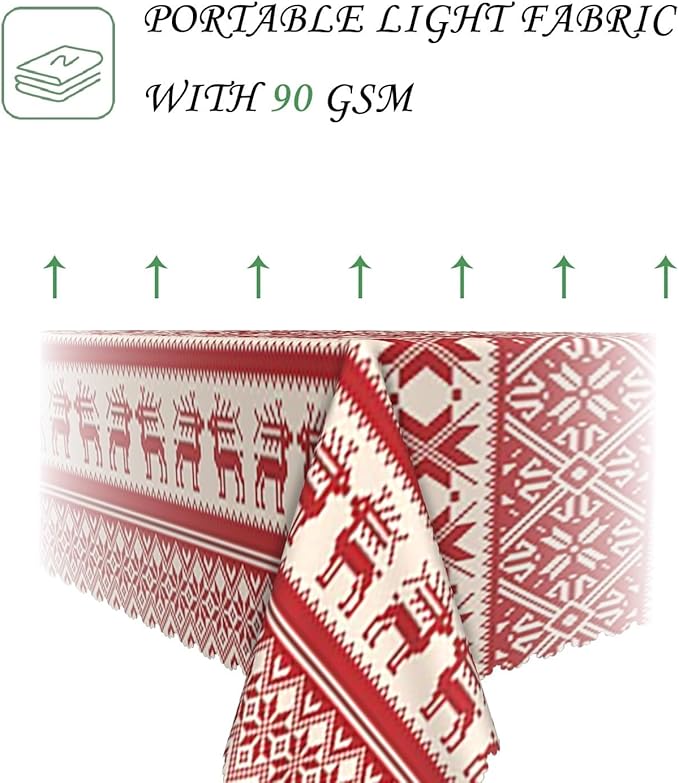 54x108 Inch Christmas Rectangle Tablecloth Reindeer Snowflake Red Stripe Ethnic Style Table Cloth Washable Durable Table Cover for Kitchen Dining Banquet Ugly Christmas Sweater Party Decor