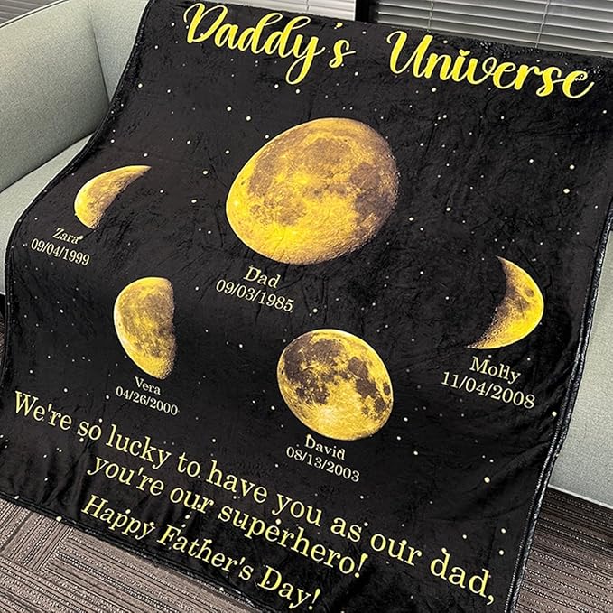 Personalized Moon Phase Blankets Family Name Moon Phase Blanket Custom Papa Night Sky Throw Blanket for Dad Grandpa Christmas Birthday Father's Day