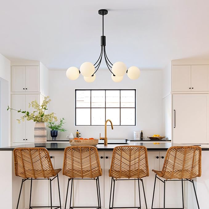 Black Sputnik Chandelier,6-Light Modern Mid Century for Dining Room Light Fixtures Over Table,Adjustable Hanging Ceiling Light Fixture with Globe Glass Shades for Kitchen Island Living Room Bedroom