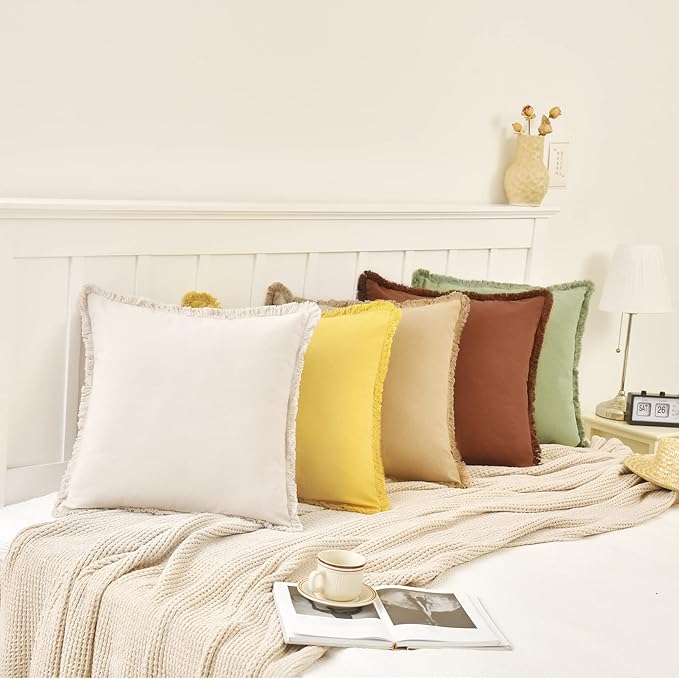 ZWJD Pillow Covers 24x24 Set of 2 Olive Green Throw Pillow Covers with Fringe Chic Cotton Decorative Pillows Square Cushion Covers for Sofa Couch Bed Living Room Farmhouse Boho Decor