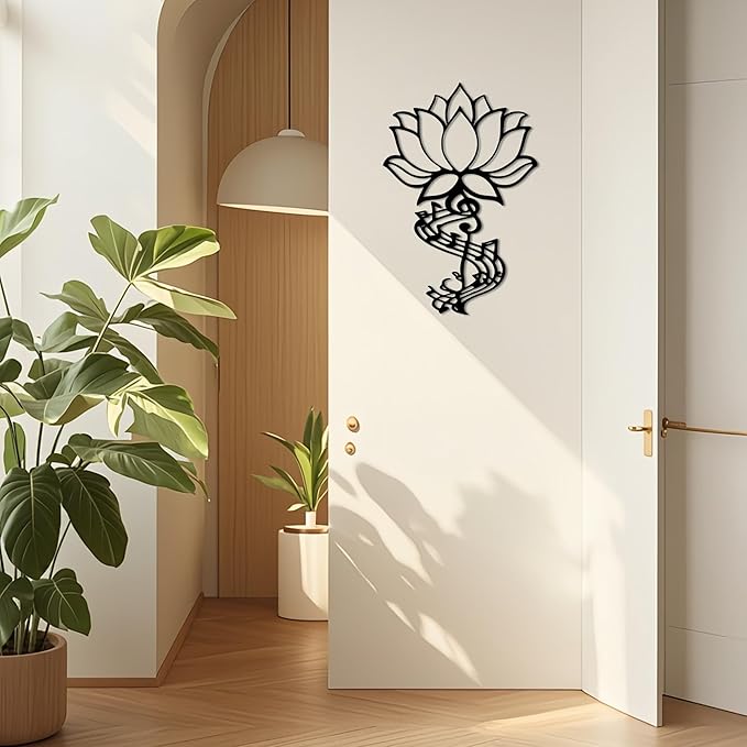 Lotus Flower Wall Decor Sculpture Hanging Black Metal Yoga Wall Art Rustic Floral Spiritual Decor for Living Room Bedroom Yoga Studio Meditation Space (Black)